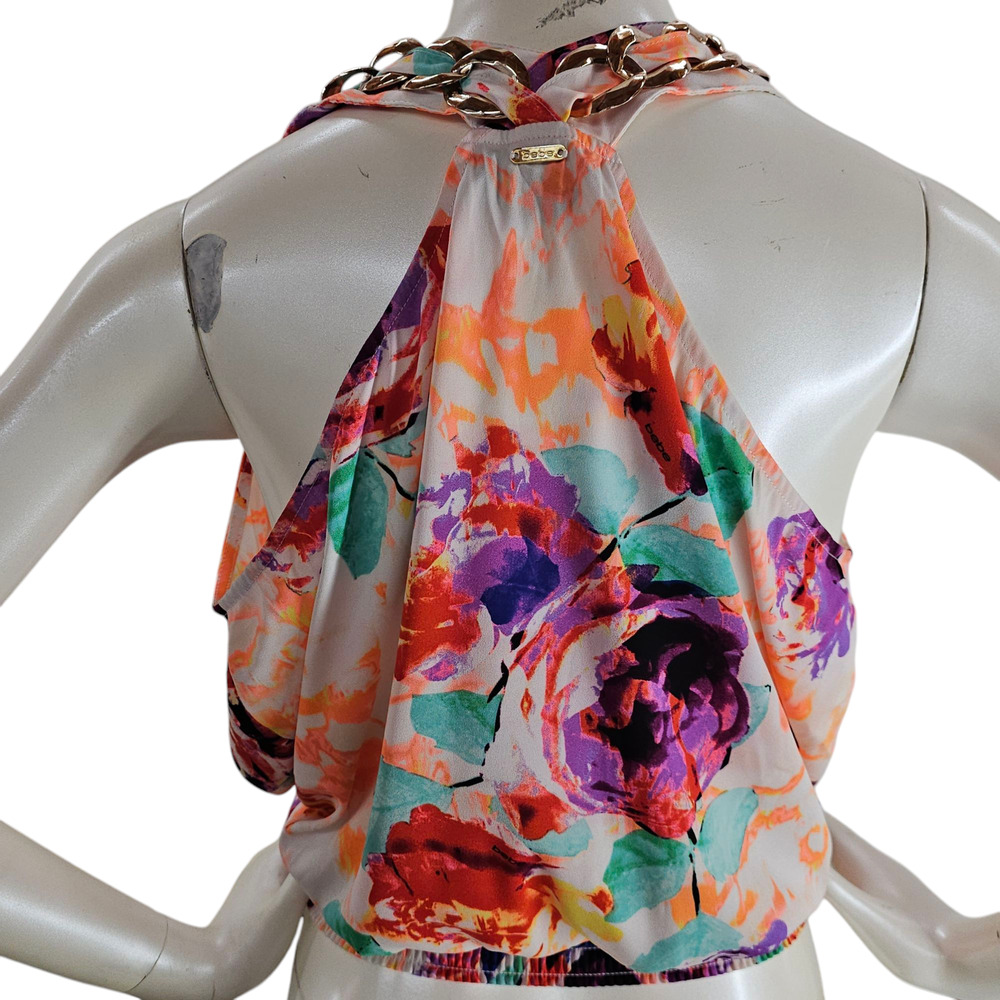Bebe Blouse Womens Size Small Multicolor Floral Sleeveless Wrap Top Embellished - Picture 2 of 16